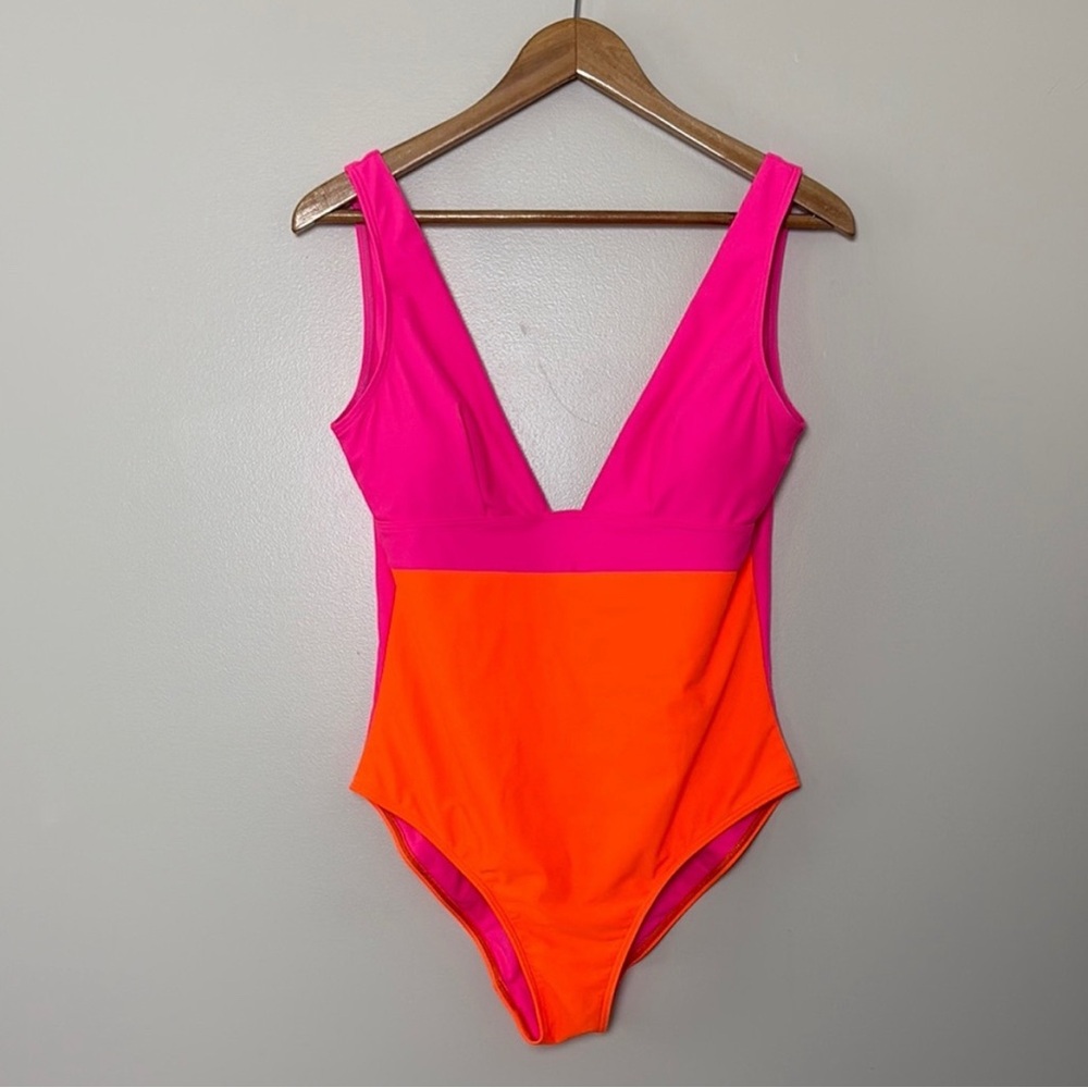 NWOT Ted Baker One Piece Swimsuit Two Tone Deep V and Back Orange Pink Sz L/10